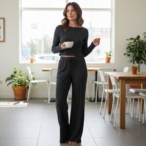 GLG/Good Luck Gem 2-Piece Loungewear Set S Gray/Black Ribbed #63R